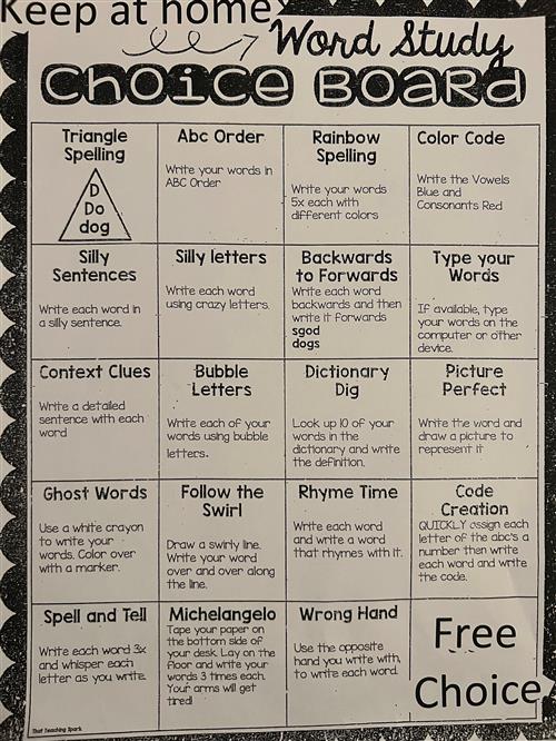 Word Study Choice Board